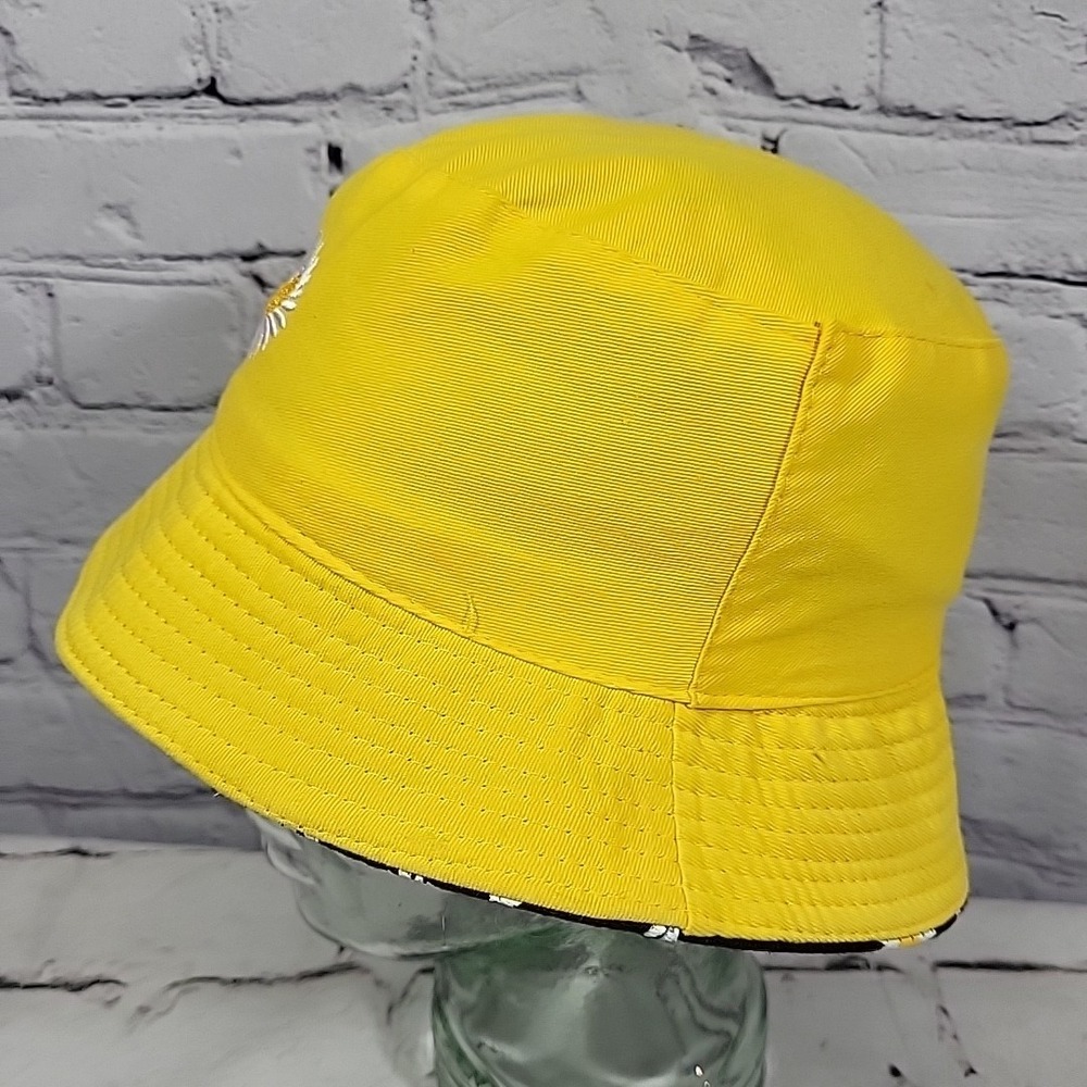Retro Y2K Bucket Hat Womens OS Black Yellow Reversible Daisy‎ Print Sun Cap - Picture 6 of 11